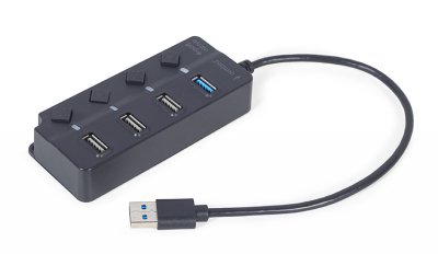 Хаб на 4 порти (1xUSB3.1 + 3xUSB2.0), з вимикачами, пластик, чорний (1 з 6)