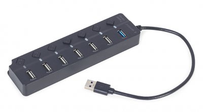 Хаб на 7 портiв (1xUSB3.1 + 6xUSB2.0), з вимикачами, пластик, чорний (1 з 6)