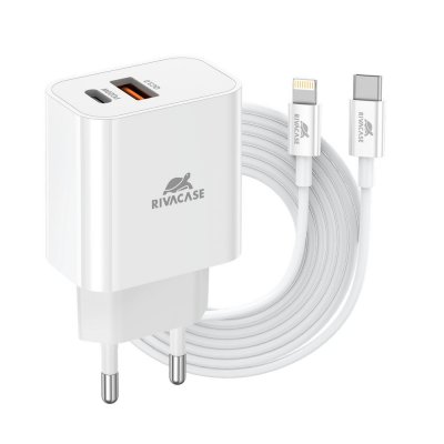 Мережевий зарядний пристрій, 2х USB-А + Type-C, PD 20W+QC3.0, кабель Type-C-Lighting, білий (1 з 4)