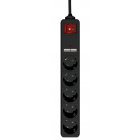 Подовжувач мережі, чорний, 1.5 м кабель, 5 розеток, USB зарядка 2 А